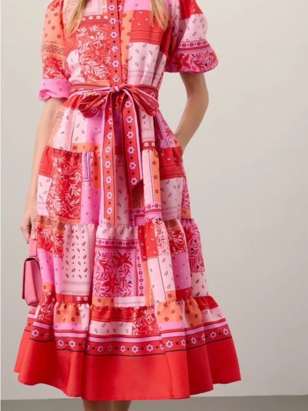 kate spade Pink and Red Patchwork Midi Dress with Waist Tie